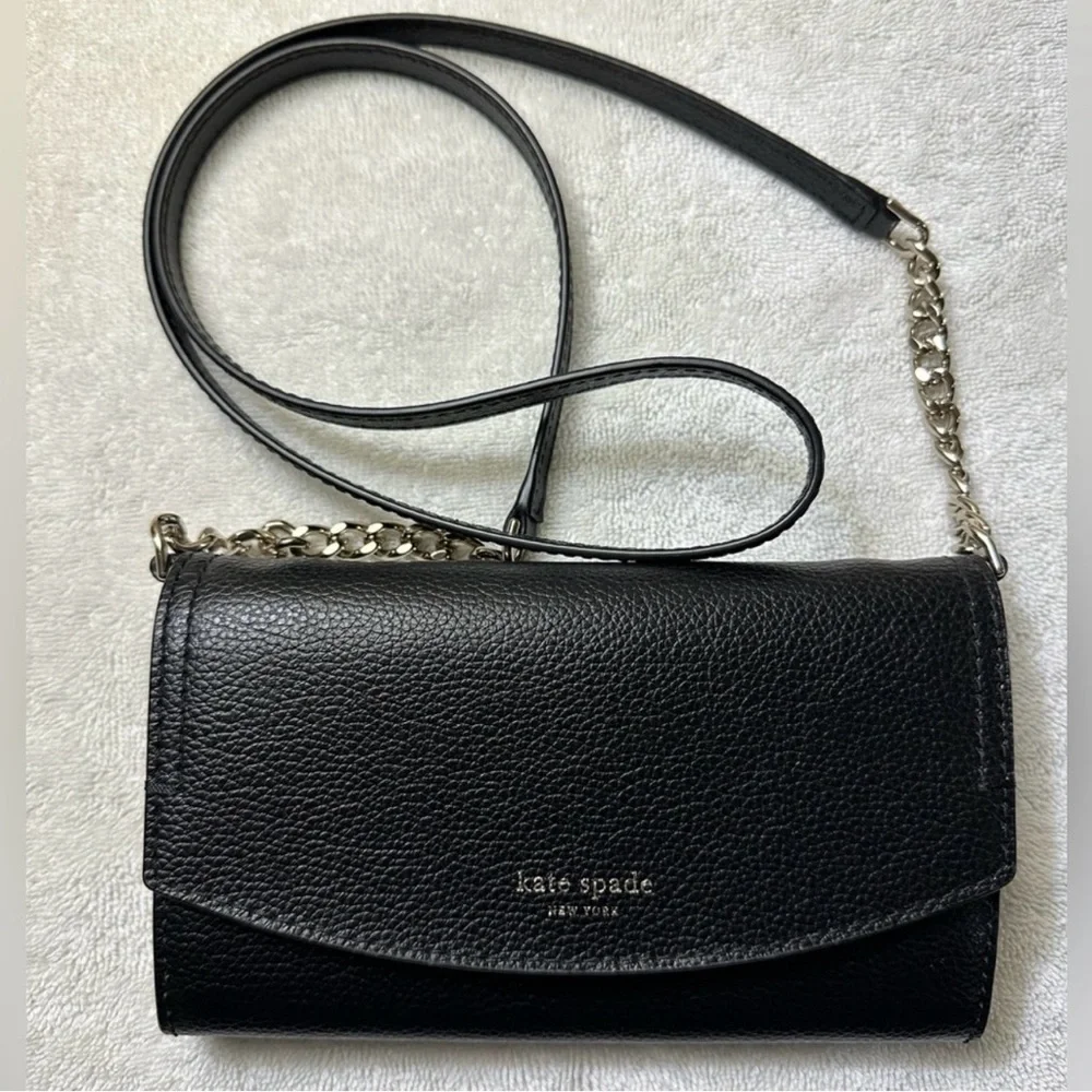 NEW! Kate Spade Eva Wallet On A Chain – Black Pebbled Leather